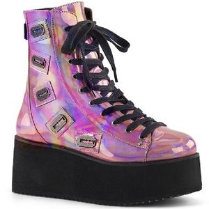 Demonia Women’s GRIP-103 Pink Holographic 2.75” Chunky Platform Ankle Boot.